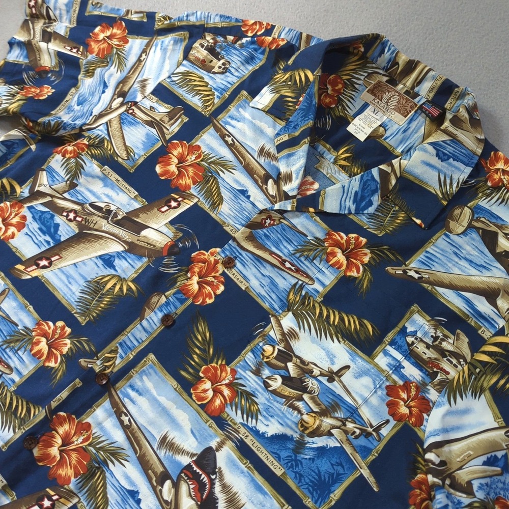 Kalaheo Mens XL Hawaiian Shirt WWII Military Aircraft Planes Rayon Made in‎ USA